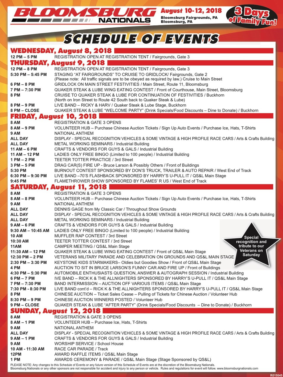 Bloomsburg Nationals 2018 Schedule of Events
